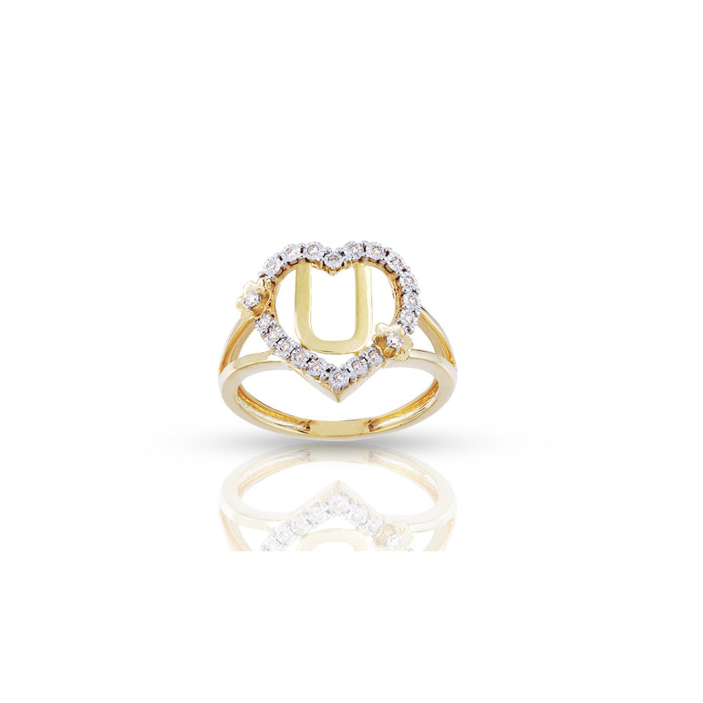 10K Yellow Gold Heart Shape Diamond Initial Ring