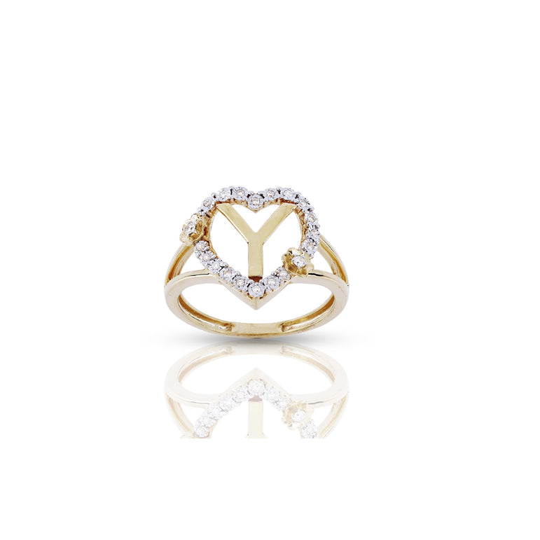 10K Yellow Gold Heart Shape Diamond Initial Ring