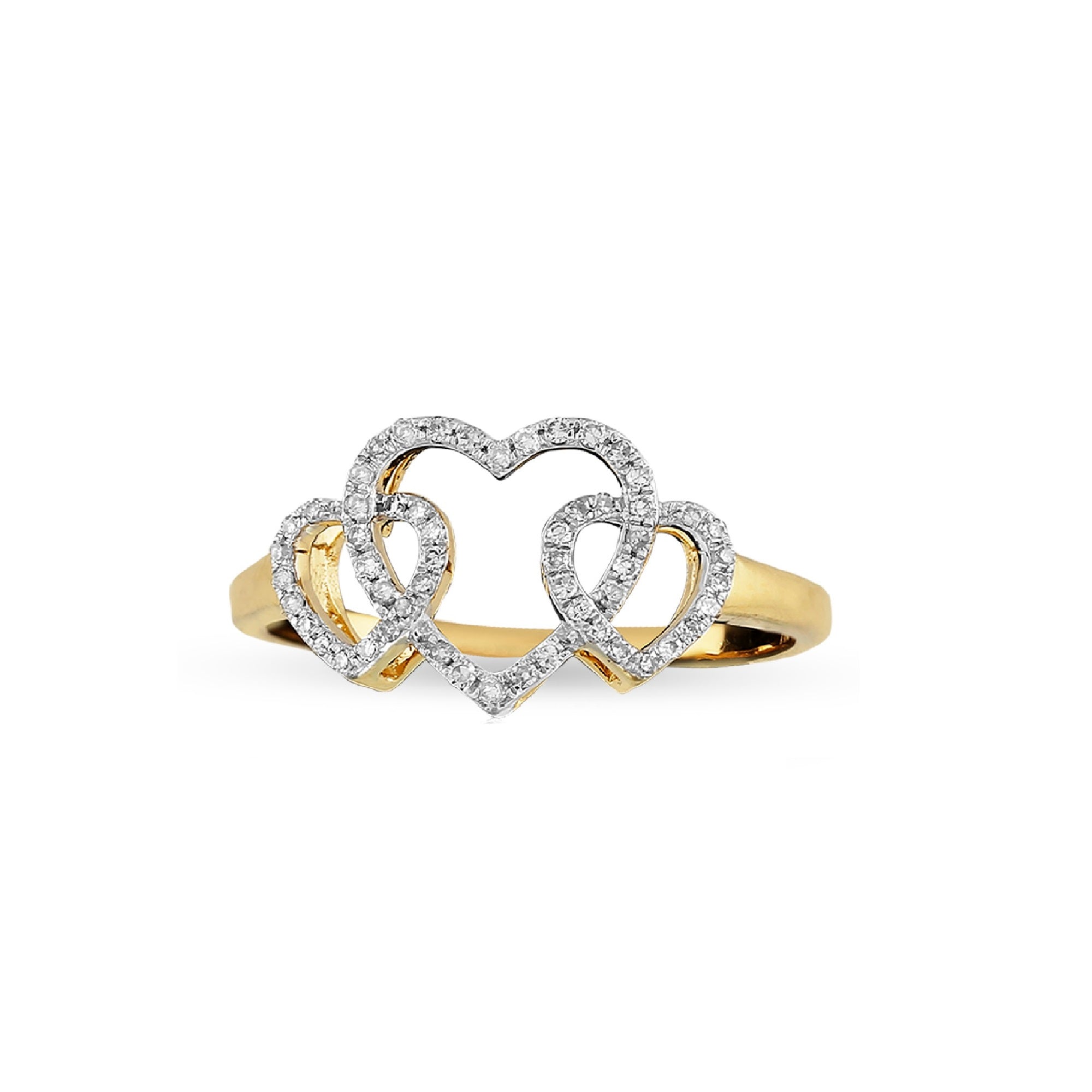 Yellow Gold Round Diamond Pave Triple Heart Ring