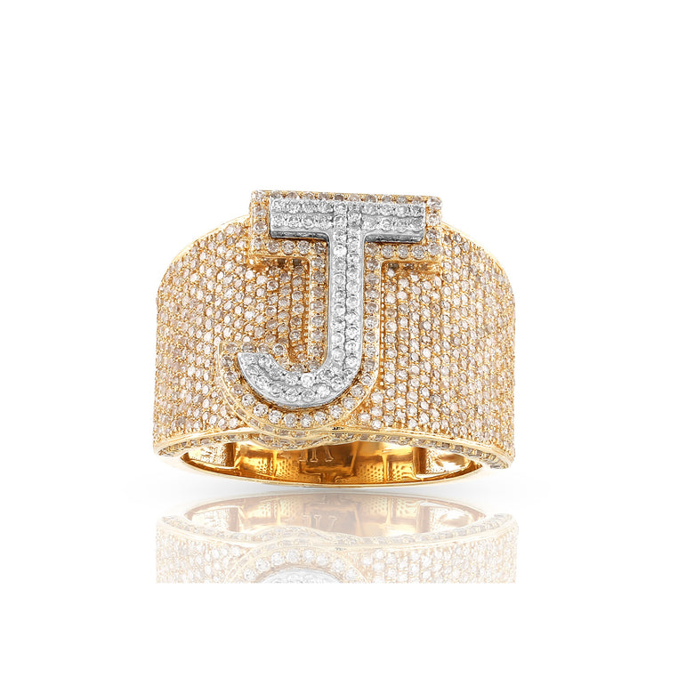 14K Gold Round Diamond Cluster Initial Ring