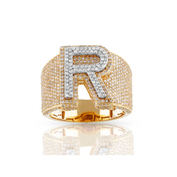 14K Gold Round Diamond Cluster Initial Ring