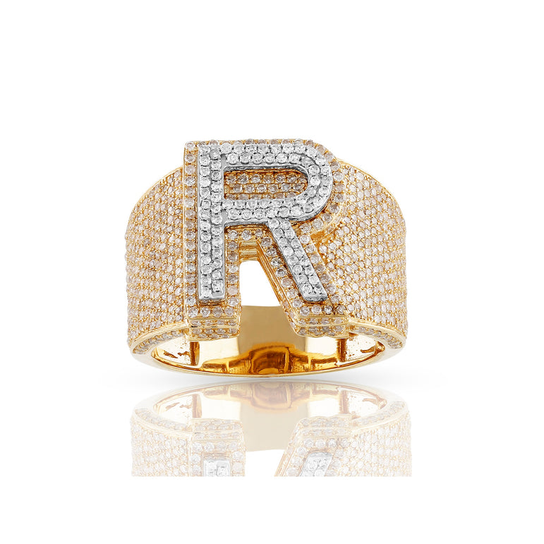 14K Gold Round Diamond Cluster Initial Ring