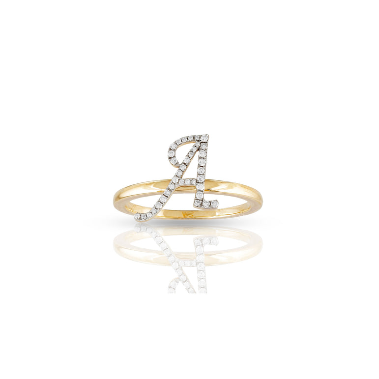 10K Yellow Gold Round Diamond Initial Ring