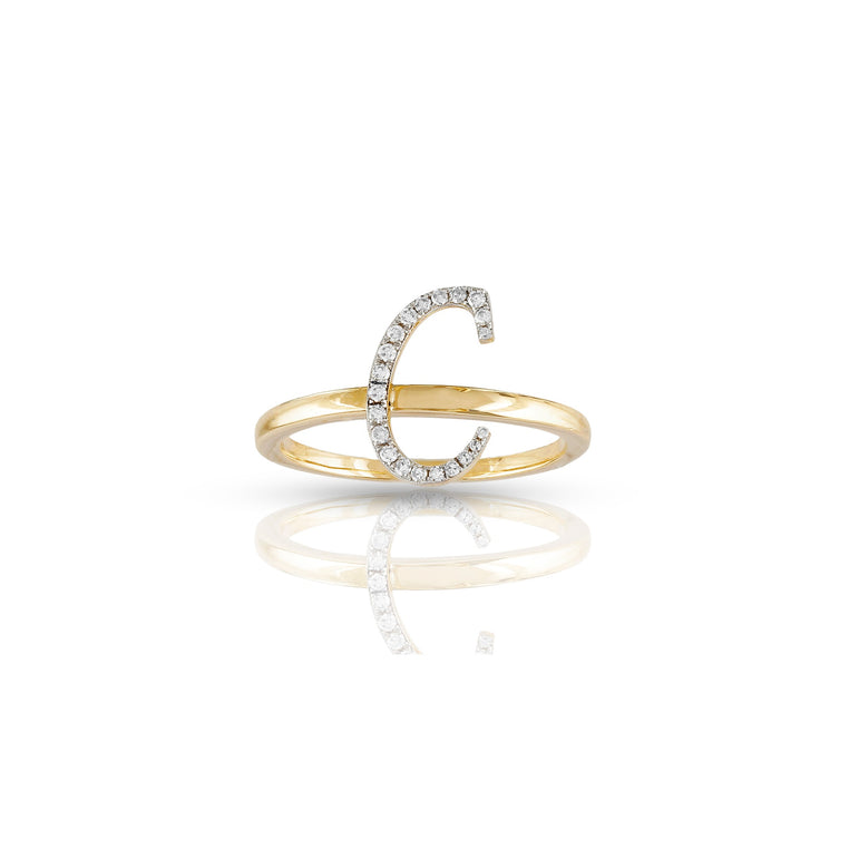 10K Yellow Gold Round Diamond Initial Ring