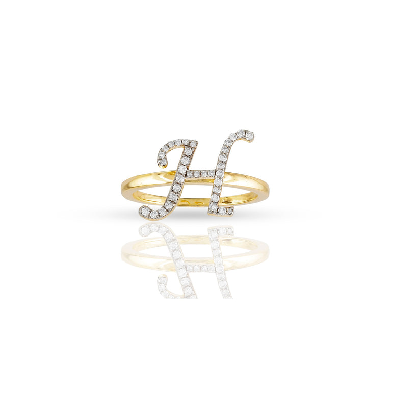 10K Yellow Gold Round Diamond Initial Ring