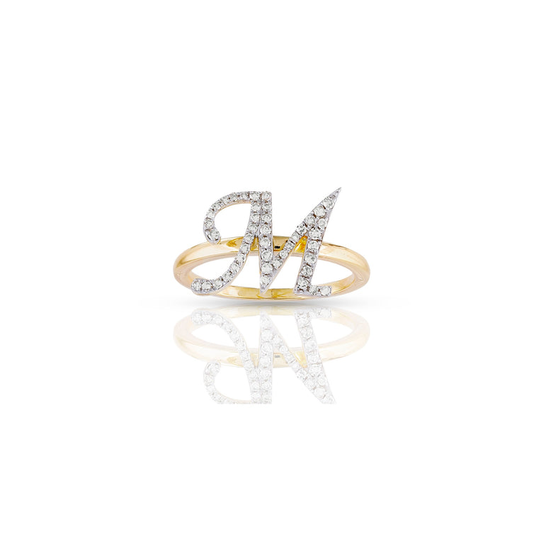 10K Yellow Gold Round Diamond Initial Ring