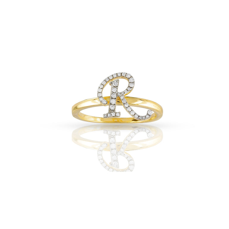 10K Yellow Gold Round Diamond Initial Ring