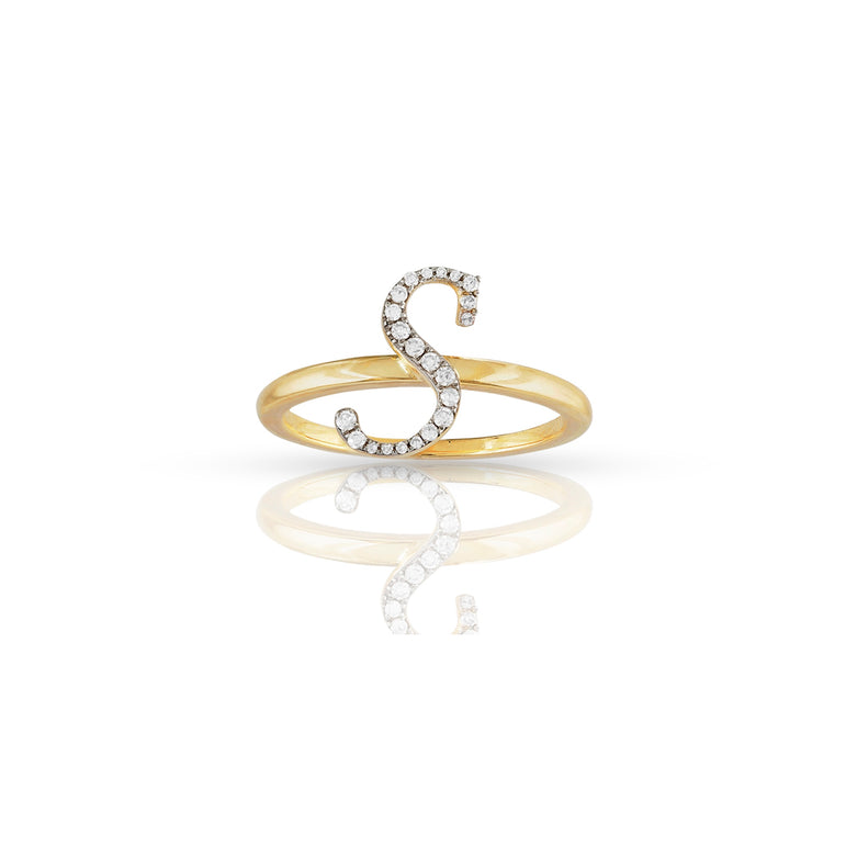 10K Yellow Gold Round Diamond Initial Ring