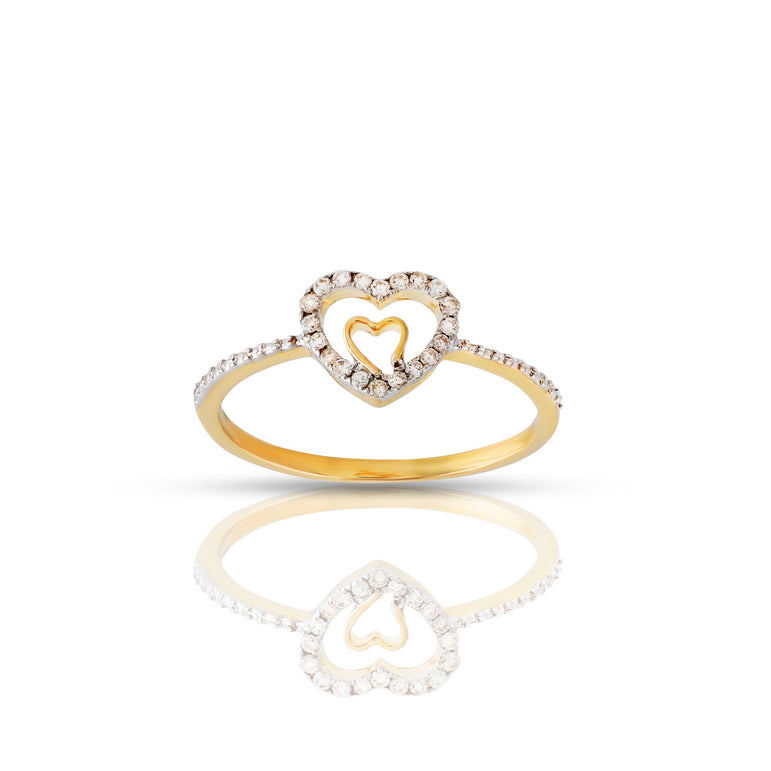 0.096Ct Round Diamond Pave Yellow Gold Double Heart Ring