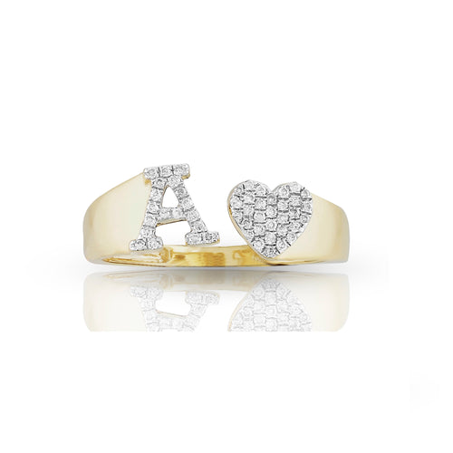 Yellow Gold Diamond Heart Initial Letter Ring