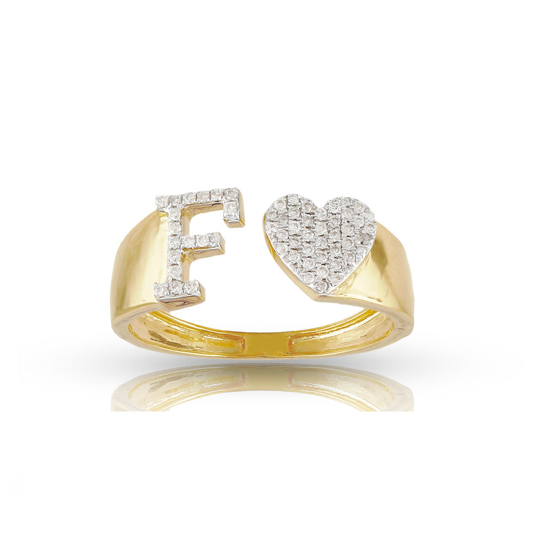 Yellow gold diamond heart initial letter ring - Main Image