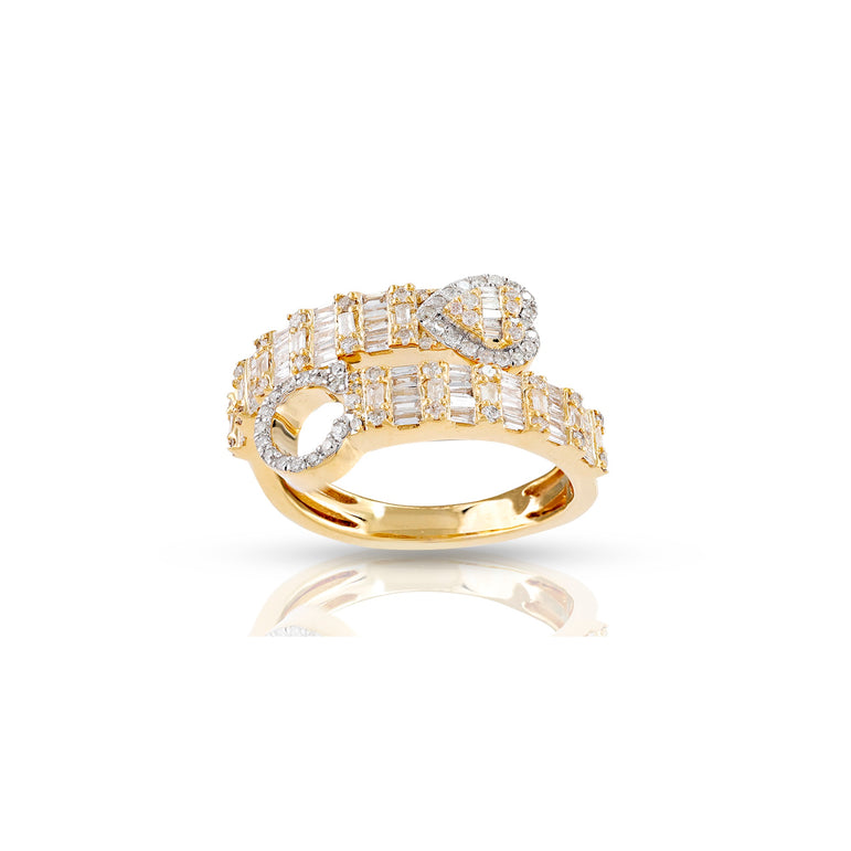 14K Gold Round and Baguette Diamond Heart Initial Cuff Ring