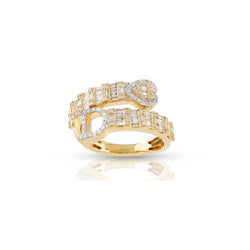 14K Gold Round and Baguette Diamond Heart Initial Cuff Ring