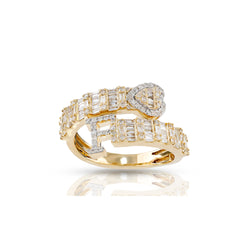 14K Gold Round and Baguette Diamond Heart Initial Cuff Ring