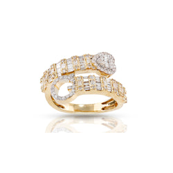 14K Gold Round and Baguette Diamond Heart Initial Cuff Ring