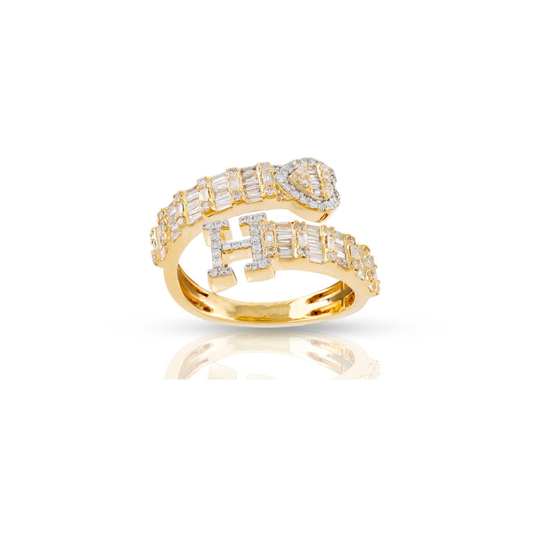 14K Gold Round and Baguette Diamond Heart Initial Cuff Ring