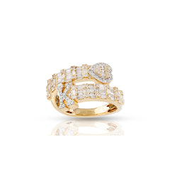 14K Gold Round and Baguette Diamond Heart Initial Cuff Ring