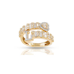 14K Gold Round and Baguette Diamond Heart Initial Cuff Ring