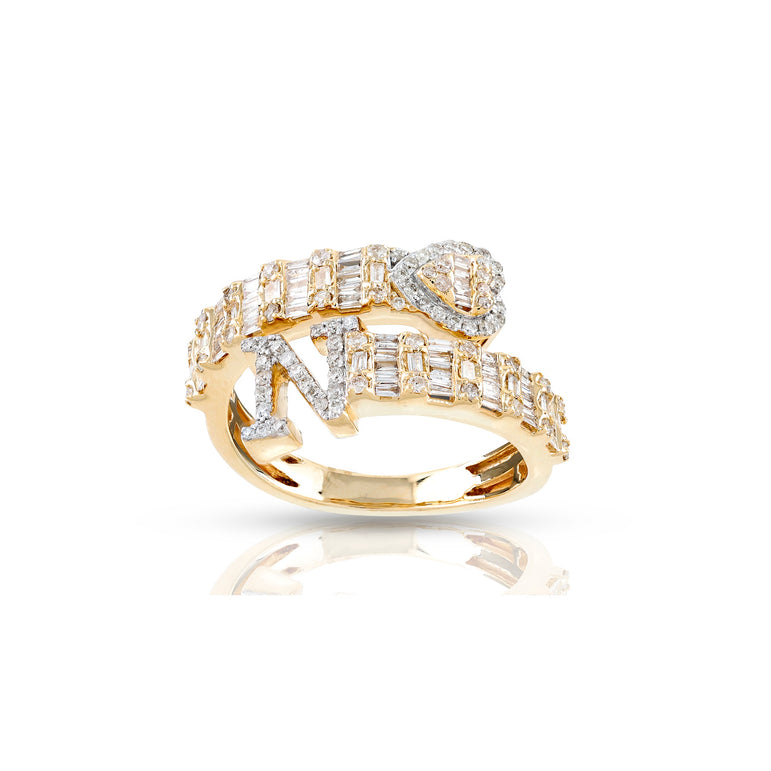 14K Gold Round and Baguette Diamond Heart Initial Cuff Ring