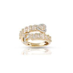 14K Gold Round and Baguette Diamond Heart Initial Cuff Ring