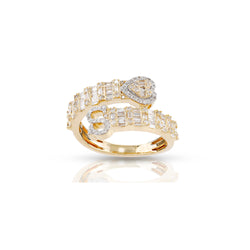 14K Gold Round and Baguette Diamond Heart Initial Cuff Ring