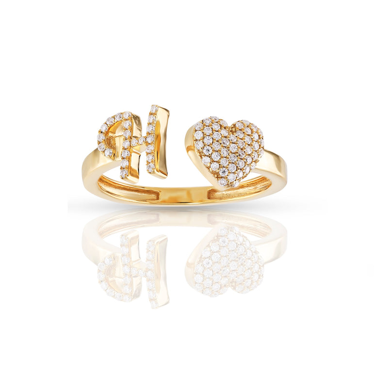 14kt Yellow Gold White Diamond Heart Initial Rings by Rafaela Jewelry