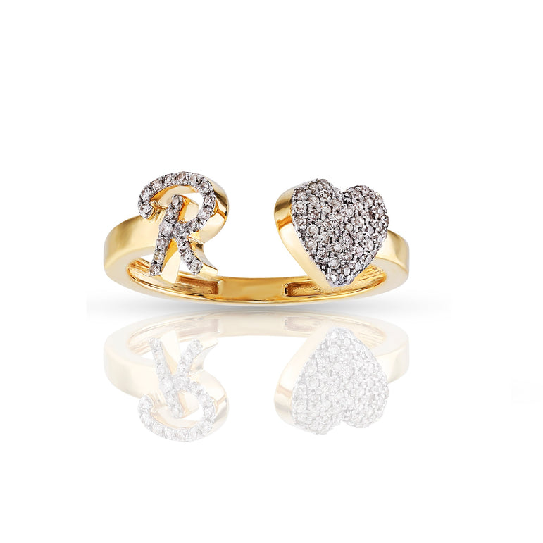 14kt Yellow Gold White Diamond Heart Initial Rings by Rafaela Jewelry