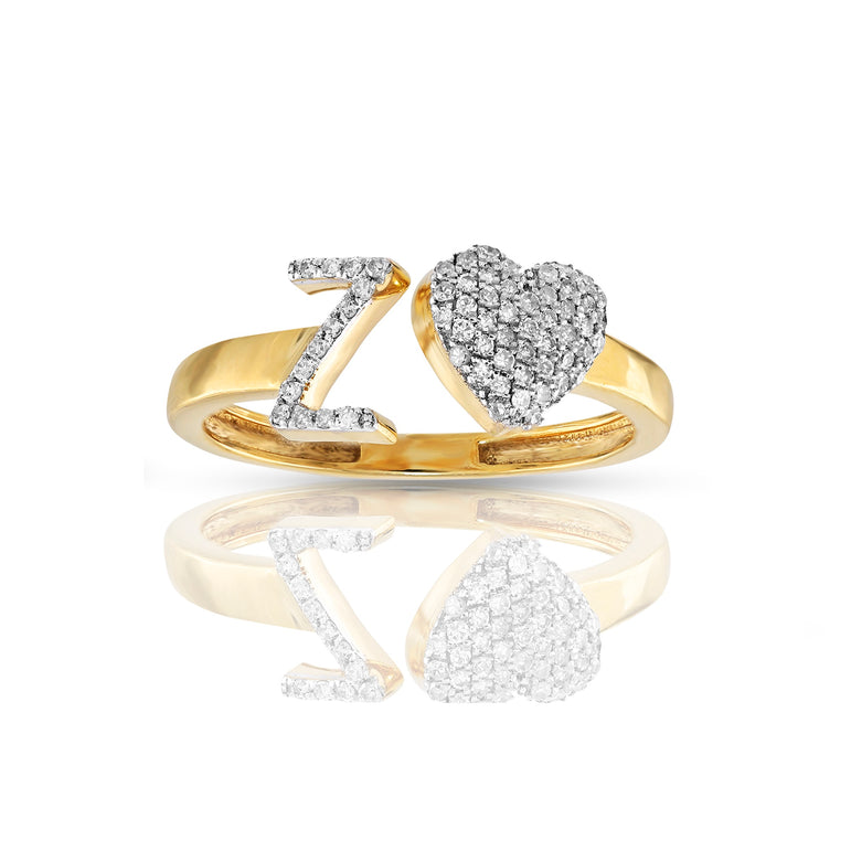 14kt Yellow Gold White Diamond Heart Initial Rings by Rafaela Jewelry