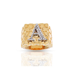 Yellow Gold Round Diamond Nugget Initial Ring