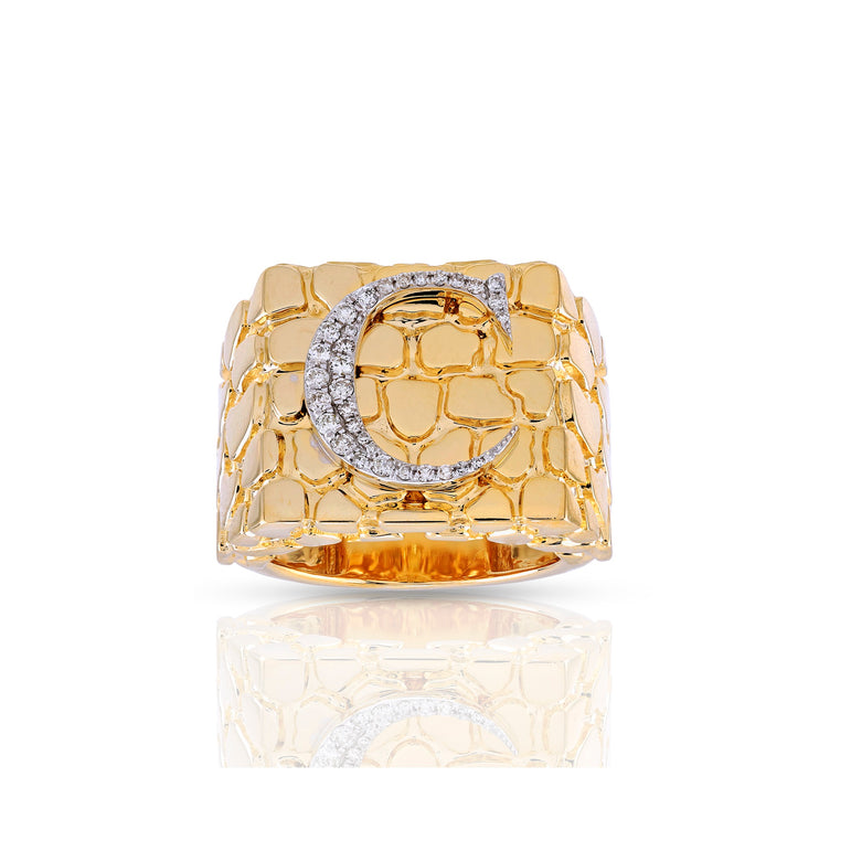 Yellow Gold Round Diamond Nugget Initial Ring