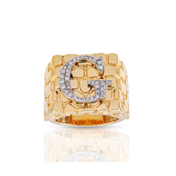 Yellow Gold Round Diamond Nugget Initial Ring