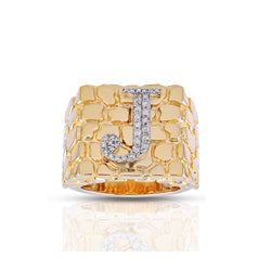 Yellow Gold Round Diamond Nugget Initial Ring