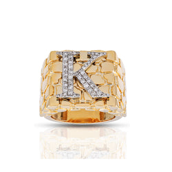 Yellow Gold Round Diamond Nugget Initial Ring