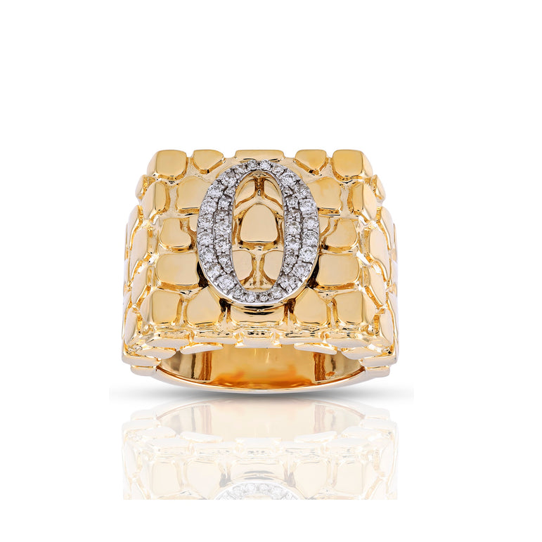 Yellow Gold Round Diamond Nugget Initial Ring