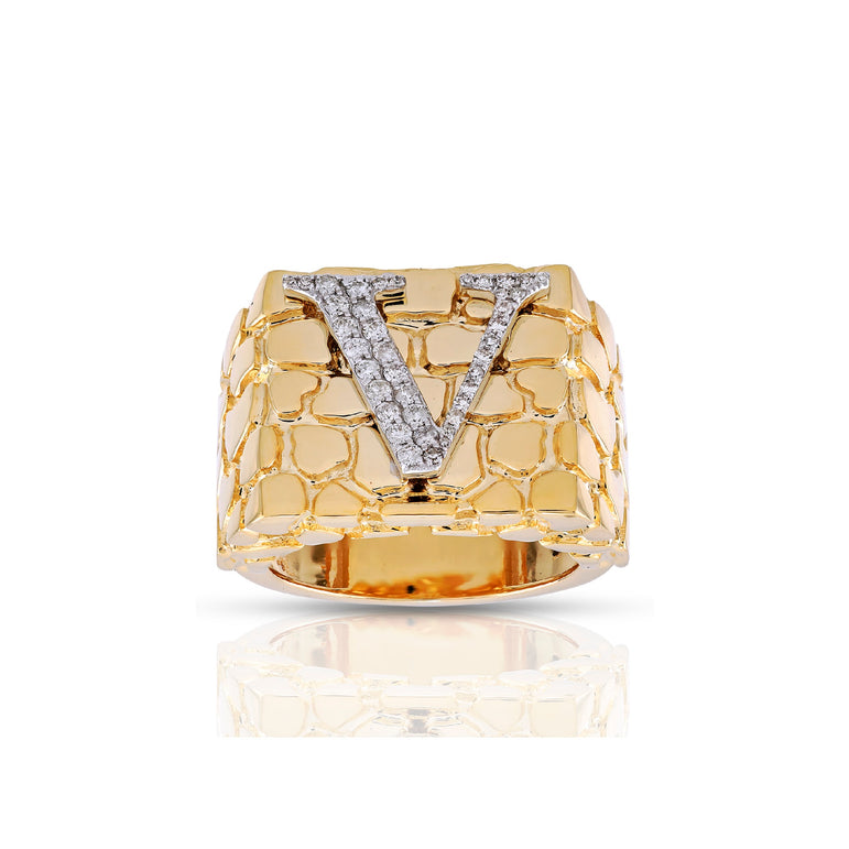 Yellow Gold Round Diamond Nugget Initial Ring