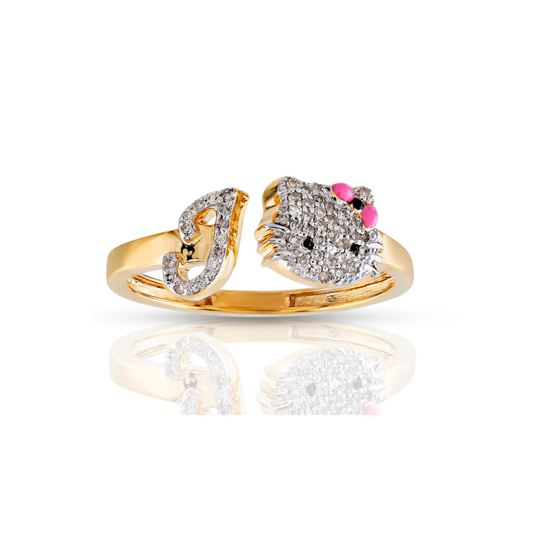 Yellow Gold Diamond Cluster Initial Kitty Ring