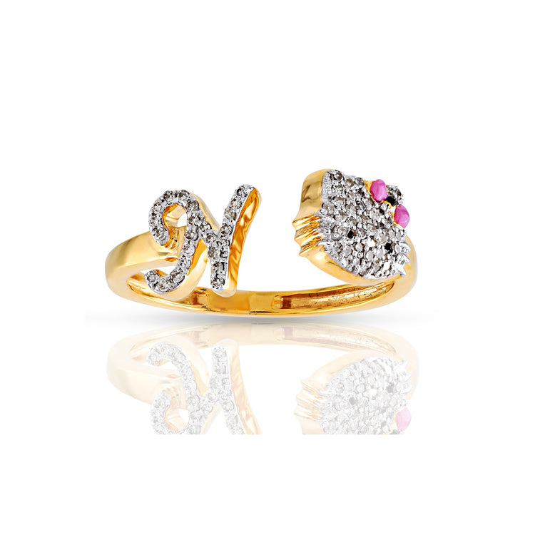 Yellow Gold Diamond Cluster Initial Kitty Ring