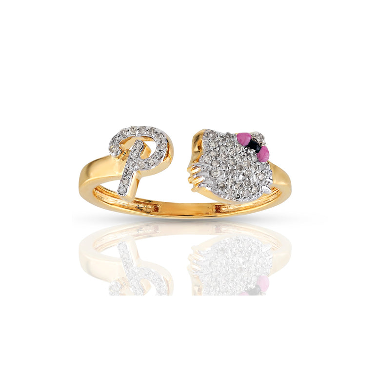 Yellow Gold Diamond Cluster Initial Kitty Ring