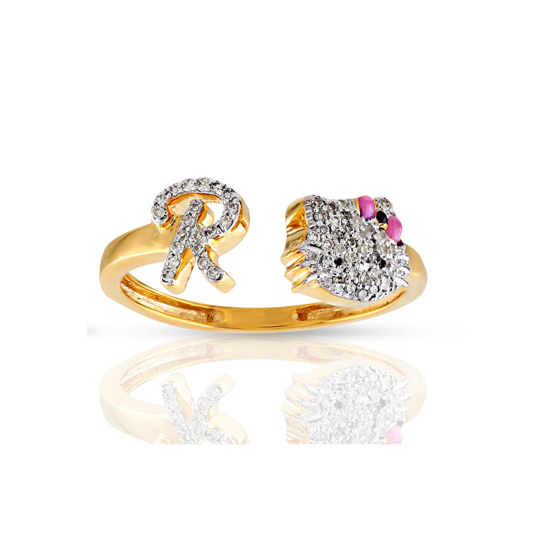 Yellow Gold Diamond Cluster Initial Kitty Ring