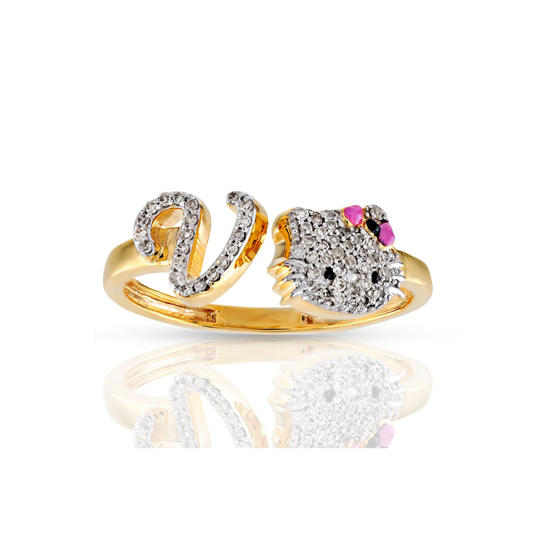 Yellow Gold Diamond Cluster Initial Kitty Ring