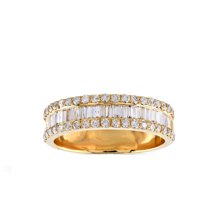 Yellow Gold Round and Baguette Diamond Band Ring