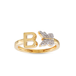 Yellow Gold Round Diamond Butterfly Initial Letter Ring