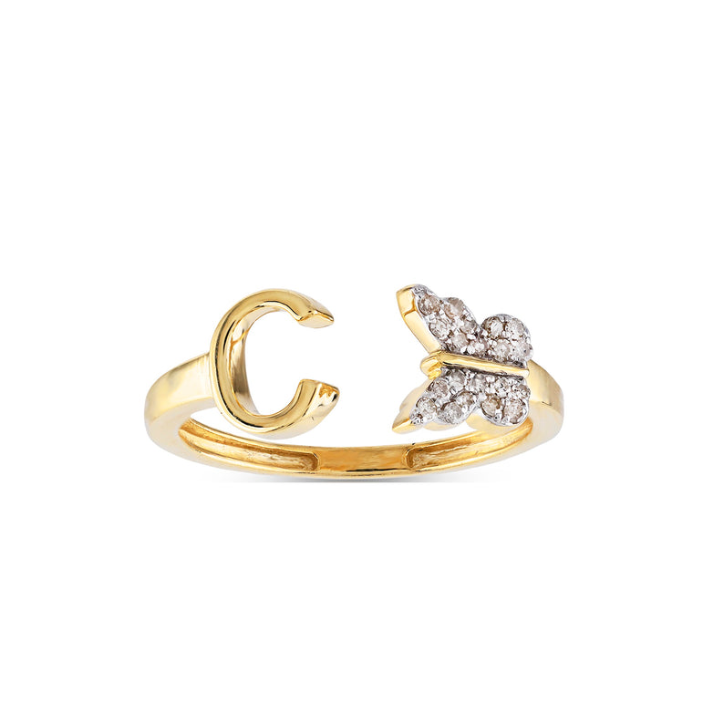 Yellow Gold Round Diamond Butterfly Initial Letter Ring