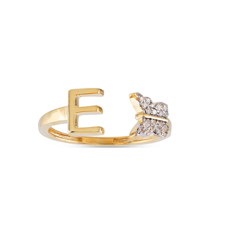 Yellow Gold Round Diamond Butterfly Initial Letter Ring