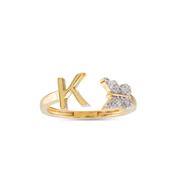 Yellow Gold Round Diamond Butterfly Initial Letter Ring