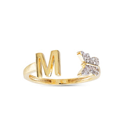 Yellow Gold Round Diamond Butterfly Initial Letter Ring