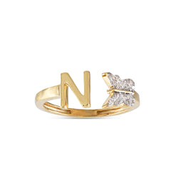 Yellow Gold Round Diamond Butterfly Initial Letter Ring