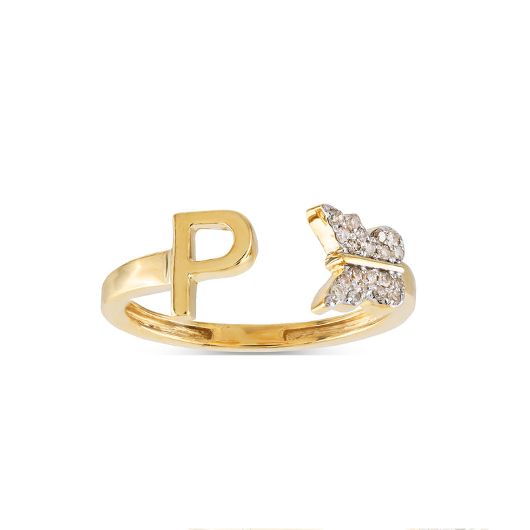 Yellow Gold Round Diamond Butterfly Initial Letter Ring