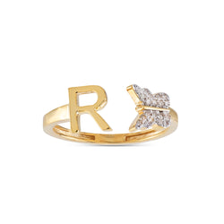 Yellow Gold Round Diamond Butterfly Initial Letter Ring