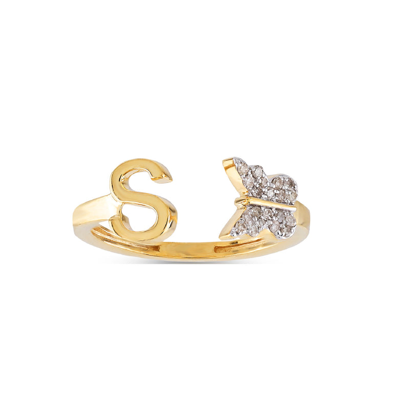 Yellow Gold Round Diamond Butterfly Initial Letter Ring